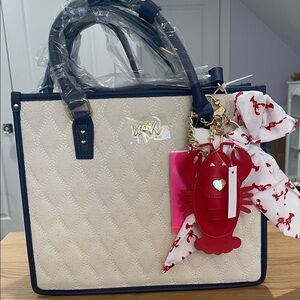 Betsey Johnson Cream Canvas Satchel with Navy Trim and Red Lobster Charm NWT